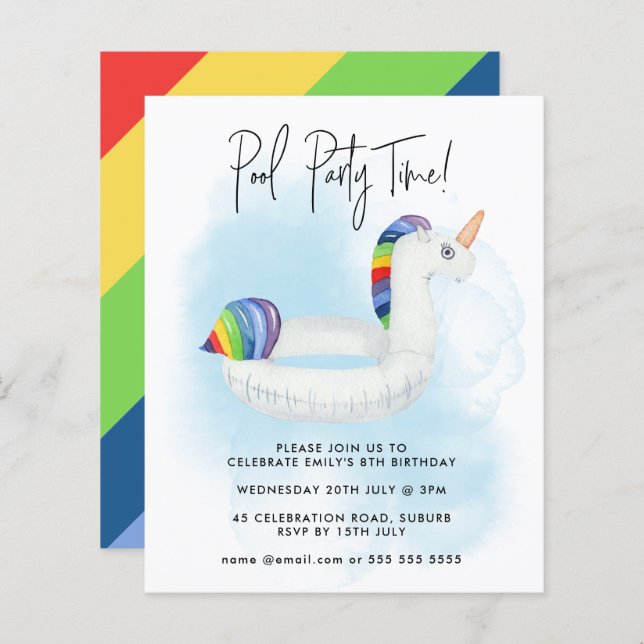 Sommar Pool Party Regnbåge Enhörning Födelsedagsfi (Fram/baksida)