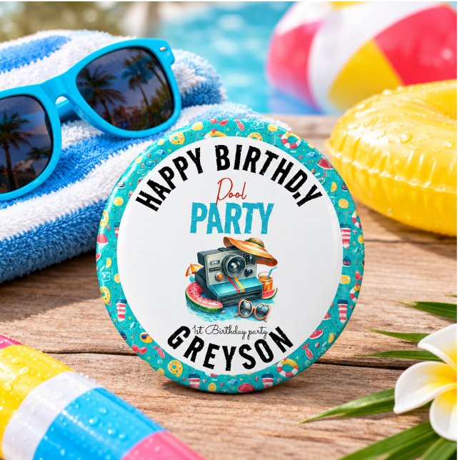 Sommar poolparty 2-års födelsedag knapp (Summer Pool Party 2nd birthday Button)