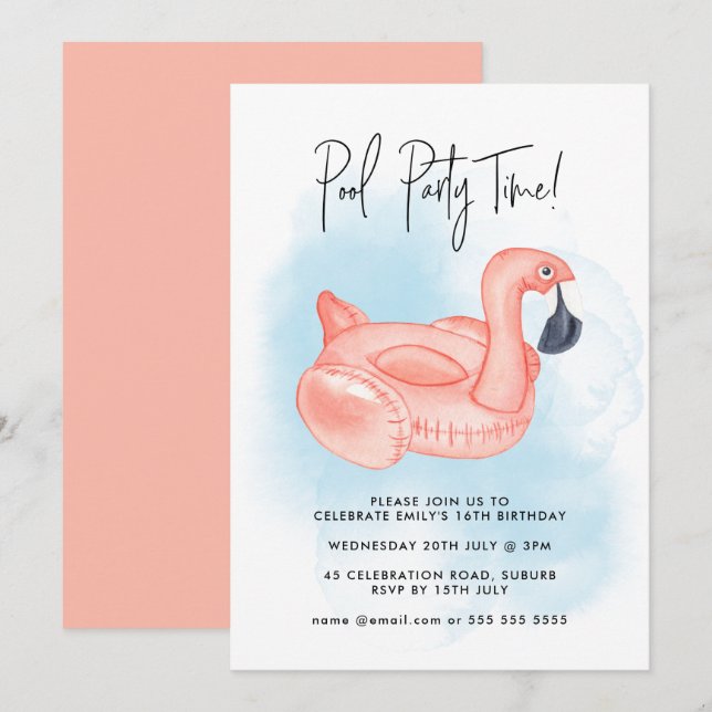 Sommar Poolparty Flamingo Födelsedagsfest för alla Inbjudningar (Fram/baksida)