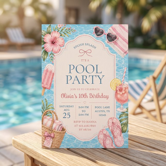 Sommar poolparty flicka födelsedagsinbjudan inbjudningar (Skapare uppladdad)
