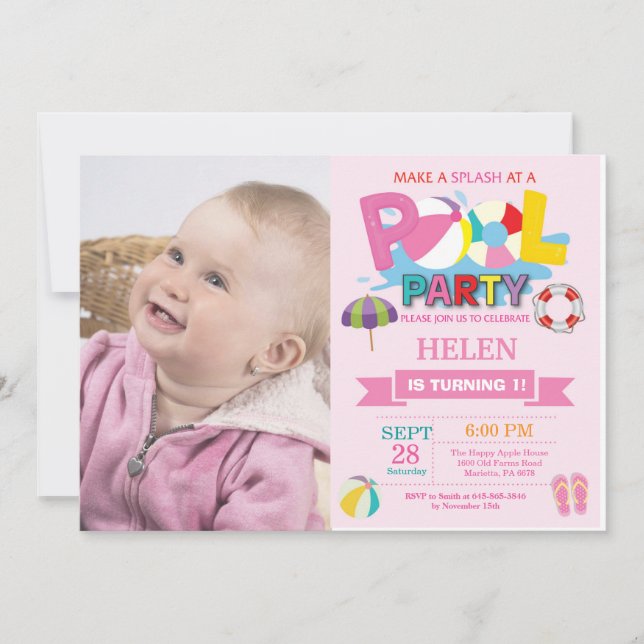 Sommar poolparty inbjudan Splish Splash Flicka (Framsida)