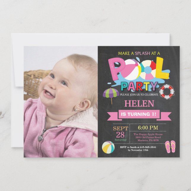 Sommar poolparty inbjudan Splish Splash Flicka (Framsida)