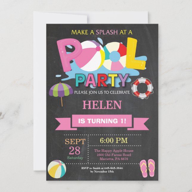 Sommar poolparty inbjudan Splish Splash Flicka (Framsida)