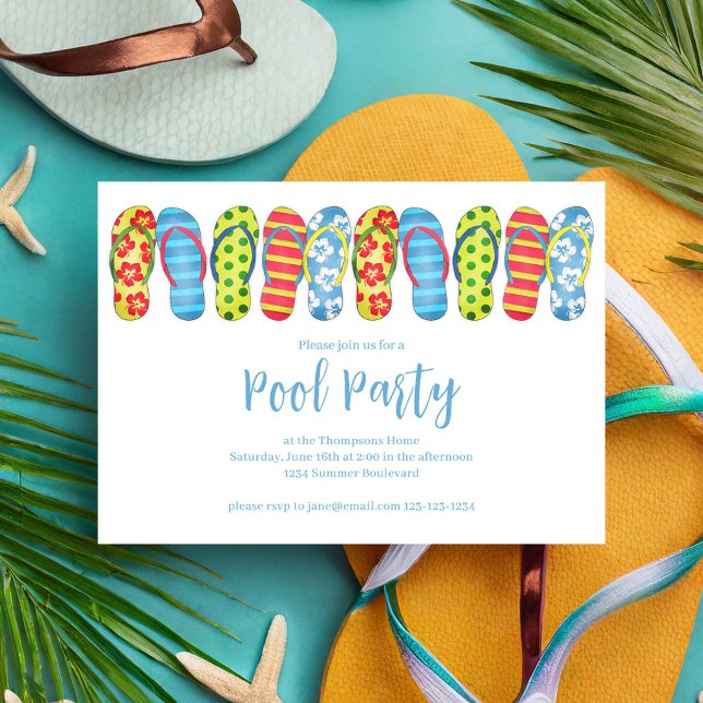 Sommar Poolparty Rolig Färgrik Anpassad Inbjudningar (Summer pool party whimsical flip flops invitation.)