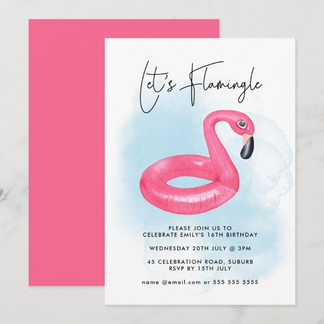 Sommar poolparty rosa flamingo tonårs födelsedagsf inbjudningar (Fram/baksida)