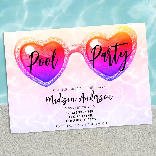 Sommar Poolparty Söt 16 Solglasögon Födelsedag Inbjudningar (Skapare uppladdad)