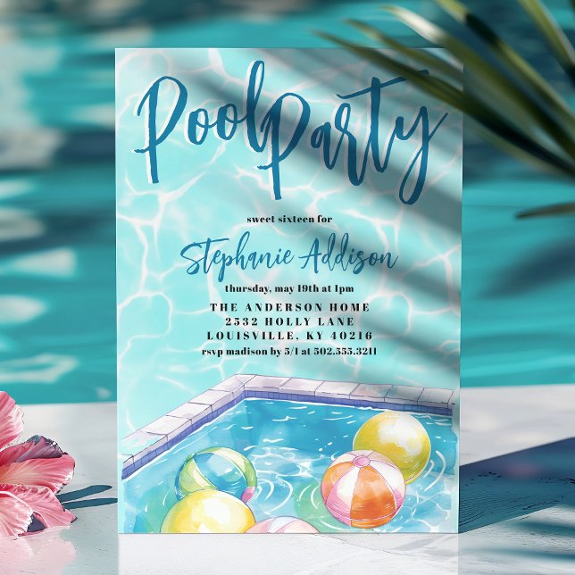 Sommar Poolparty Strandboll Söt 16-årsfest Inbjudningar (Skapare uppladdad)