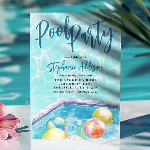 Sommar Poolparty Strandboll Söt 16 Födelsedagsfest Inbjudningar