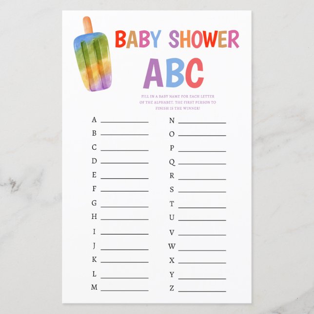 Sommar-popsicle Baby Shower Game ABC (Framsida)
