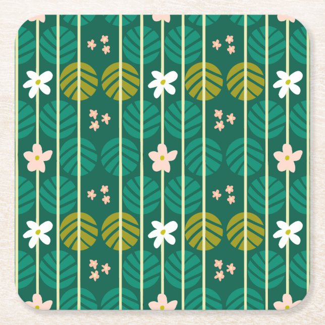 Sommar rand retro underlägg blommigt mörk grönt papper kvadrat (Framsidan)