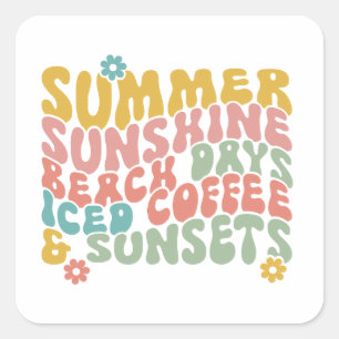 Sommar: Retro Beach Iced Coffee Sunsets Fyrkantigt Klistermärke