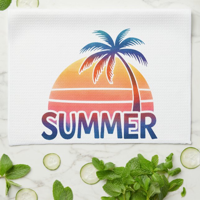 Sommar retro solnedgång palmträd kökshandduk (Vikta)