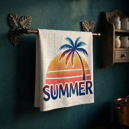 Sommar retro solnedgång palmträd kökshandduk