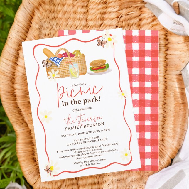 Sommar röd Kul Picknick i parken familjeåterföreni Inbjudningar (Summer red Fun Picnic in the park family reunion Invitation)