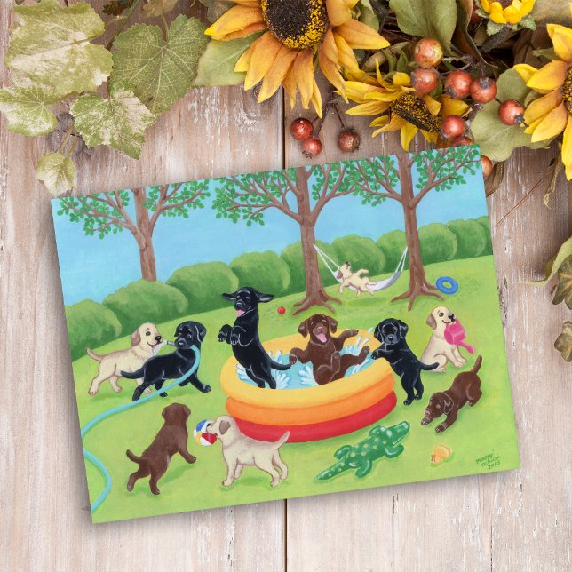Sommar Roligt Labradors Painting Vykort (Summer Fun Labradors Painting Postcard for Labrador Owners.  Whimsical Labrador dog design.)