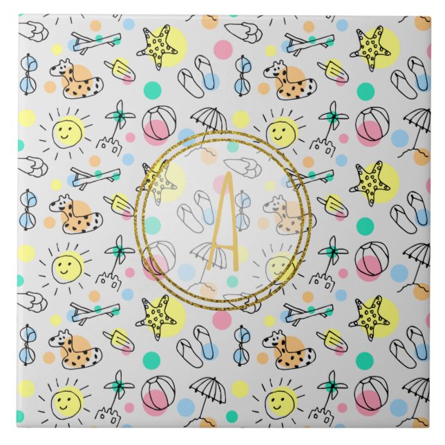Sommar Roligt Monogram Beach Helgdag Doodles Decor Kakelplatta (Framsidan)