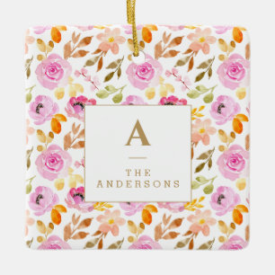 Sommar-Rosa-Blommigt-familjen Monogram Julgransprydnad Keramik