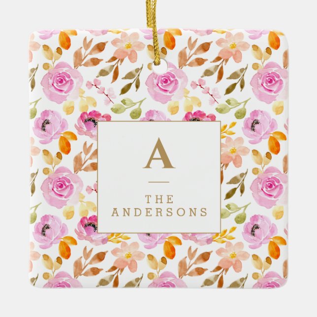 Sommar-Rosa-Blommigt-familjen Monogram Julgransprydnad Keramik (Framsida)