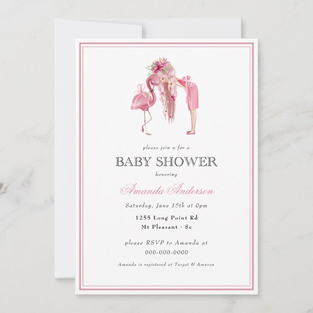 Sommar Rosa Flamingo Modern Girl Baby Shower Inbjudningar (Framsida)