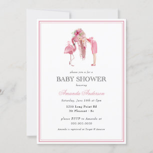 Sommar Rosa Flamingo Modern Girl Baby Shower Inbjudningar