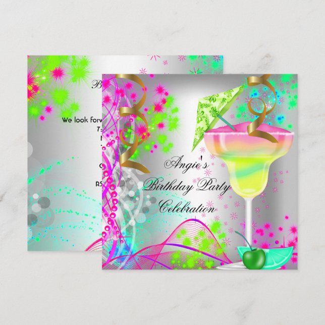 Sommar Rosa Födelsedagsfest Färgglad Cocktail Inbjudningar (Fram/baksida)