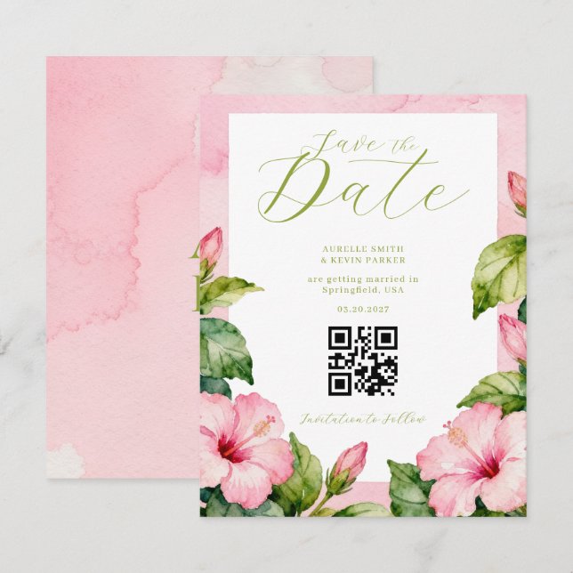 Sommar Rosa Grön Blommig Watercolor Bröllop  Spara Datumet (Fram/baksida)