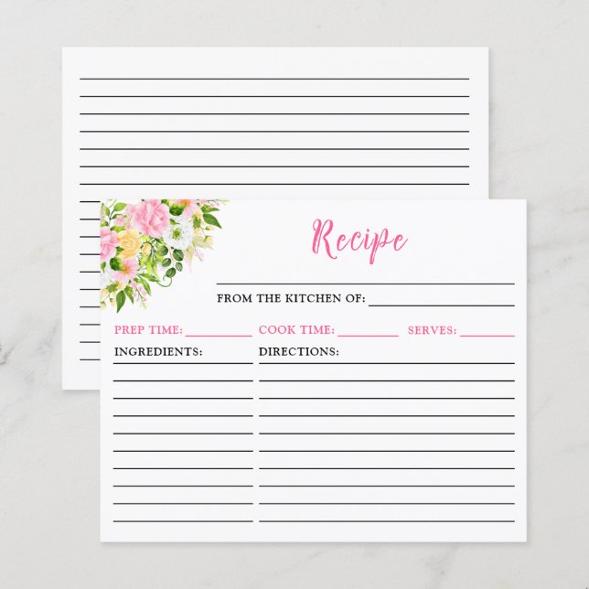 Sommar Rosa Gul Blommig Receptkort (Fram/baksida)