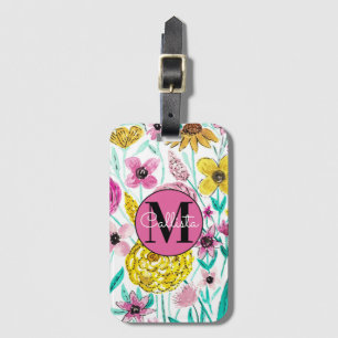 Sommar Rosa Gula blommor Watercolor Monogram Bagagebricka