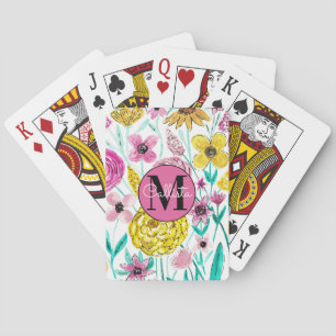 Sommar Rosa Gula blommor Watercolor Monogram Casinokort