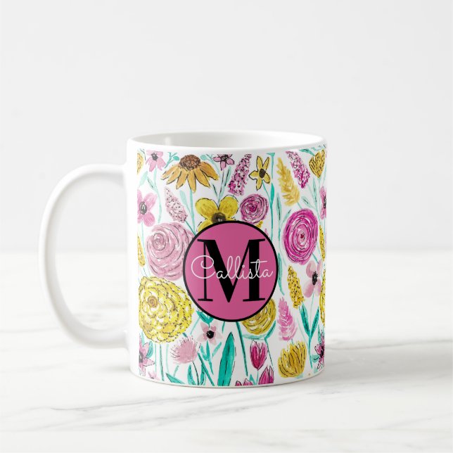 Sommar Rosa Gula blommor Watercolor Monogram Kaffemugg (Vänster)