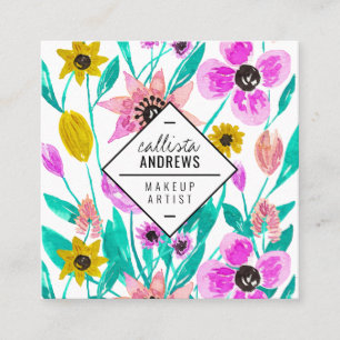 Sommar Rosa Gult Blommigt Watercolor Makeup Fyrkantigt Visitkort