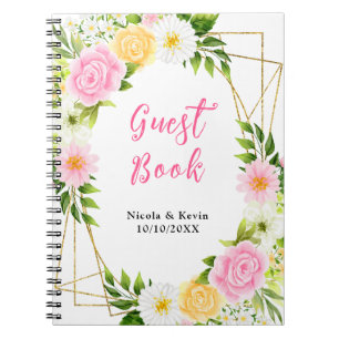 Sommar Rosa Och Gula Blommiga Bröllopsgästbok Anteckningsbok