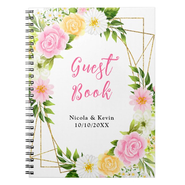 Sommar Rosa Och Gula Blommiga Bröllopsgästbok Anteckningsbok (Framsidan)