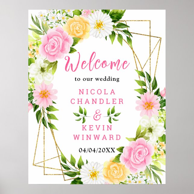 Sommar Rosa Och Gula Blommor Bröllop Välkomstskylt Poster (Framsidan)
