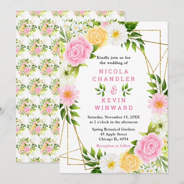 Sommar Rosa och Gula Blommor och Löv Bröllop Inbjudningar (Fram/baksida)