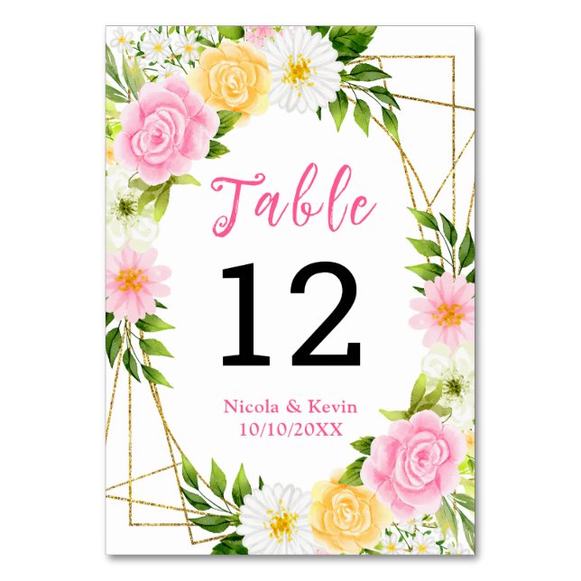 Sommar Rosa Och Gula Blommor Och Lövverk Bordsnummer (Framsidan)