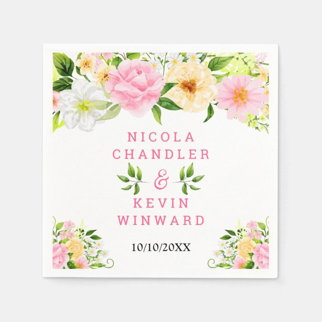 Sommar Rosa Och Gula Blommor Och Lövverk Pappersservett (Framsidan)