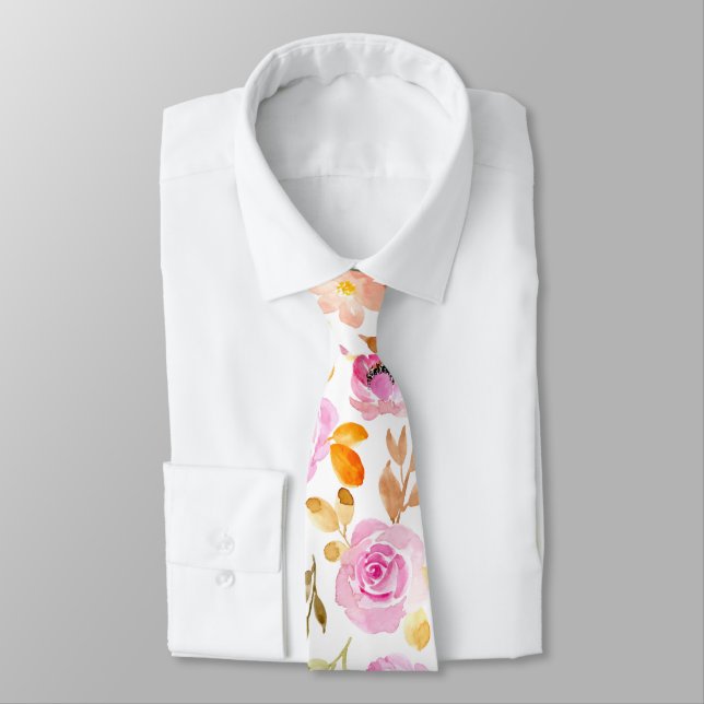 Sommar Rosa Orange Akvarell Blommig Bröllop  Slips (Bunden)