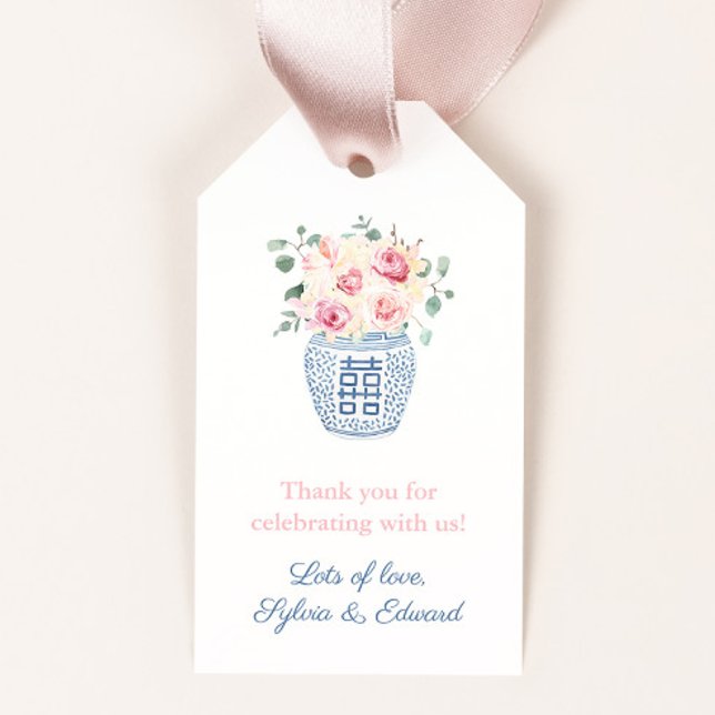 Sommar Rosa ros Girl Baby Shower Tack Presentetikett (Pretty pastel pink roses bouquet in ginger jar vase wedding or baby shower favor tags)