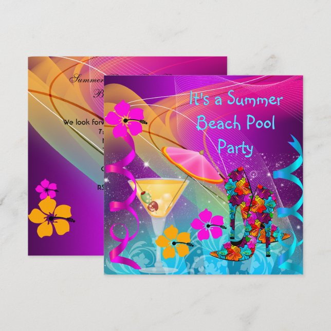Sommar Rosa Teal Beach Bassäng Cocktail Party Inbjudningar (Fram/baksida)