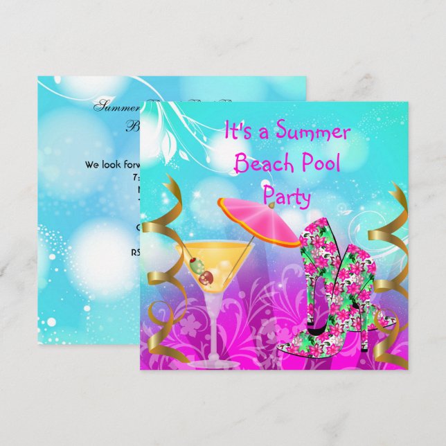 Sommar Rosa Teal Strand Poolparty Inbjudningar (Fram/baksida)
