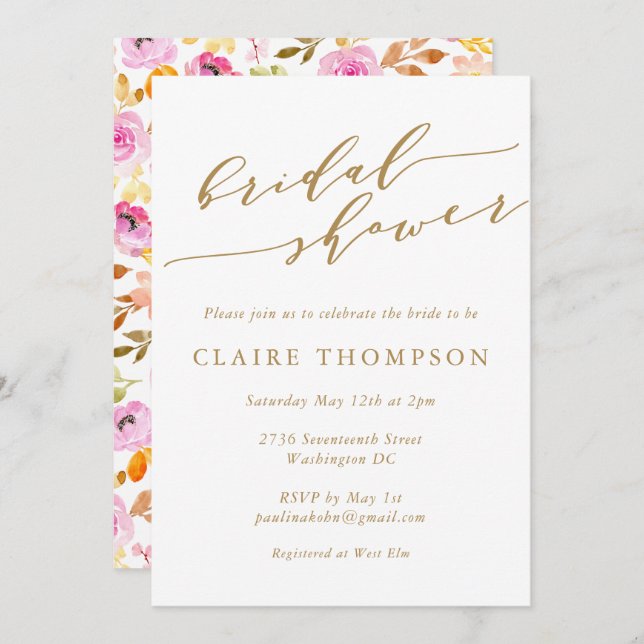 Sommar Rosa Watercolor Blommigt Script-Möhippa Inbjudningar (Fram/baksida)