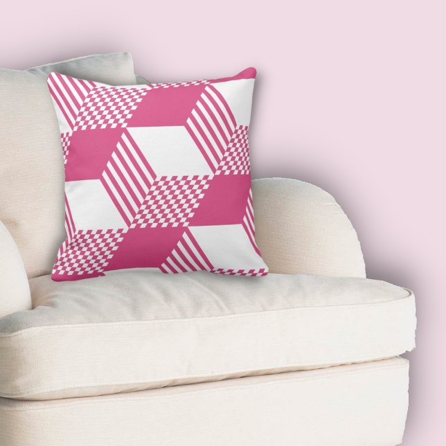 Sommar Rosa & White Rand Diamond Checker Kudde (Summer Pink & White Stripe Diamond Checker Pattern Throw Pillow)