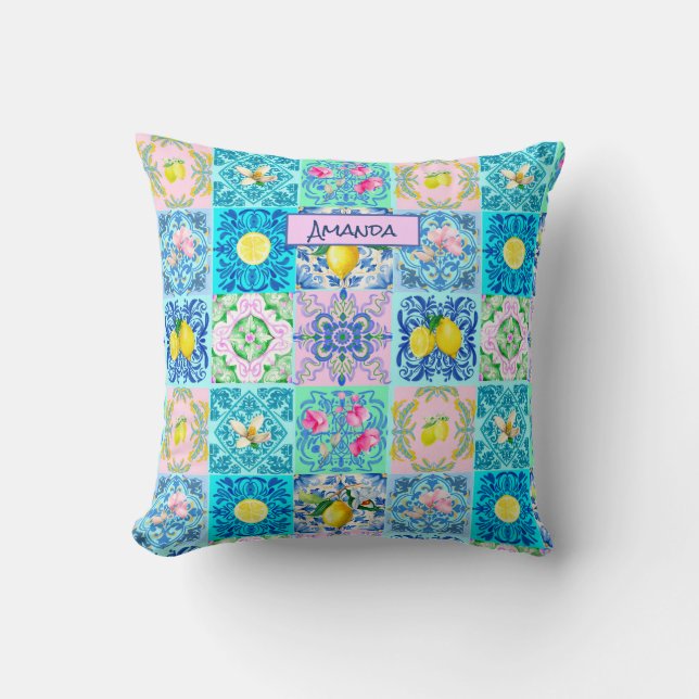 Sommar-siciliansk turkos färglös azulejo Amalfi Kudde (Framsida)