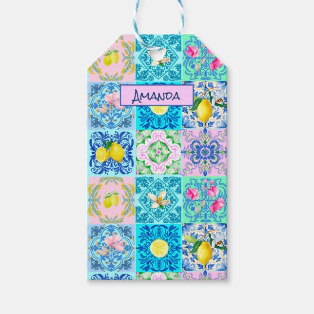 Sommar-siciliansk turkos färglös azulejo Amalfi Presentetikett (Framsidan)