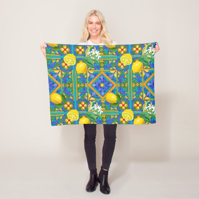 Sommar,sicilianska plattor,citrusfrukter,orangar,m fleecefilt (På plats)