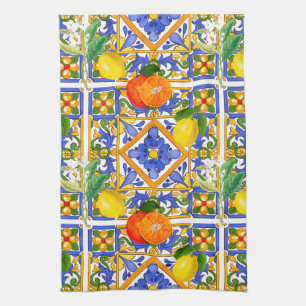Sommar,sicilianska plattor,citrusfrukter,orangar,m kökshandduk