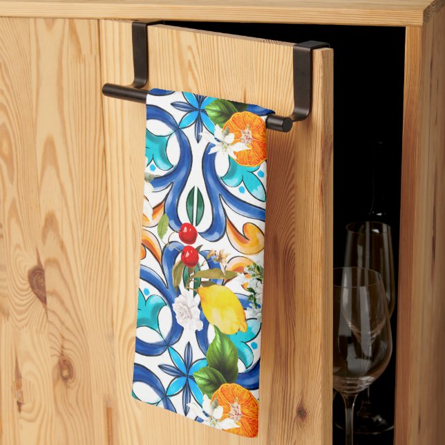 Sommar,sicilianska plattor,majolica,keramiskt plat kökshandduk (Thirds Fold)