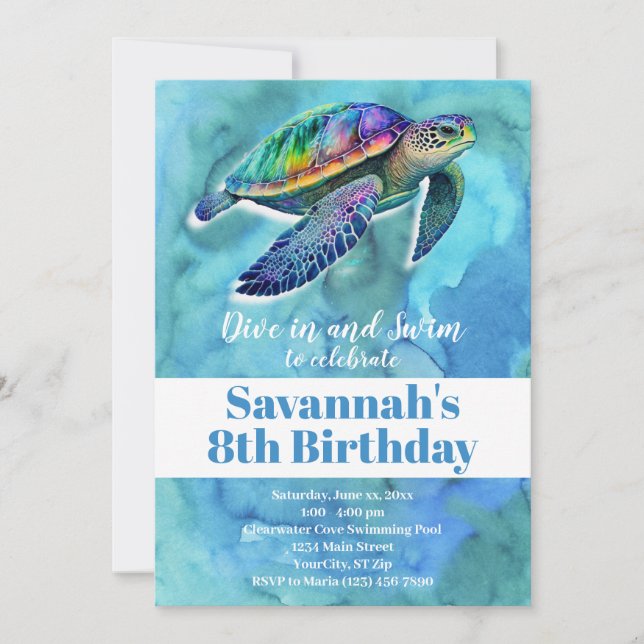 Sommar Simma Birthday Bassäng Party Sea Turtle Bea Inbjudningar (Framsida)