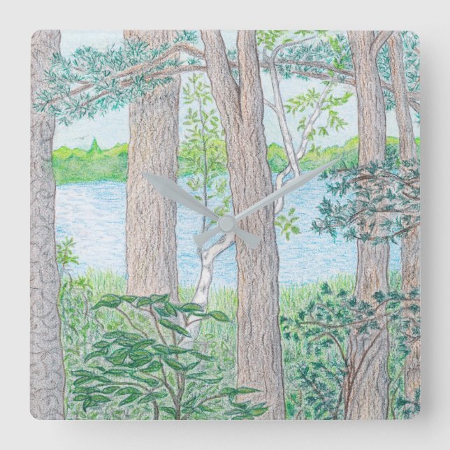 Sommar Sjö med Skogen Färgpenna Teckning Stor Klocka (Framsida)